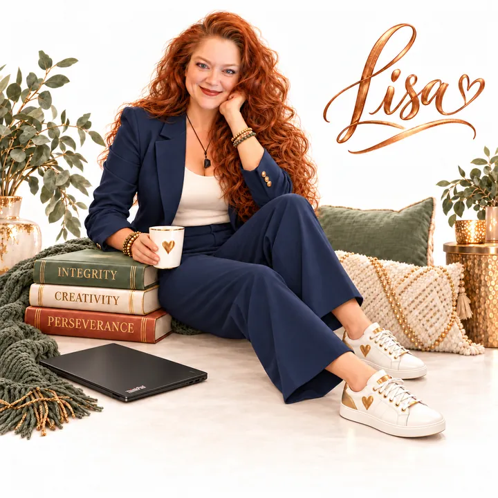 Lisa Kazempour, HR technology professional, seated in a navy suit beside books titled Integrity, Creativity and Perseverance, with a coffee mug and laptop